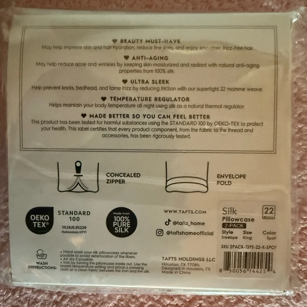 NEW - 2 Taft’s Silk Pillow Cases - Envelope Closure, Cooling, Natural, Organic